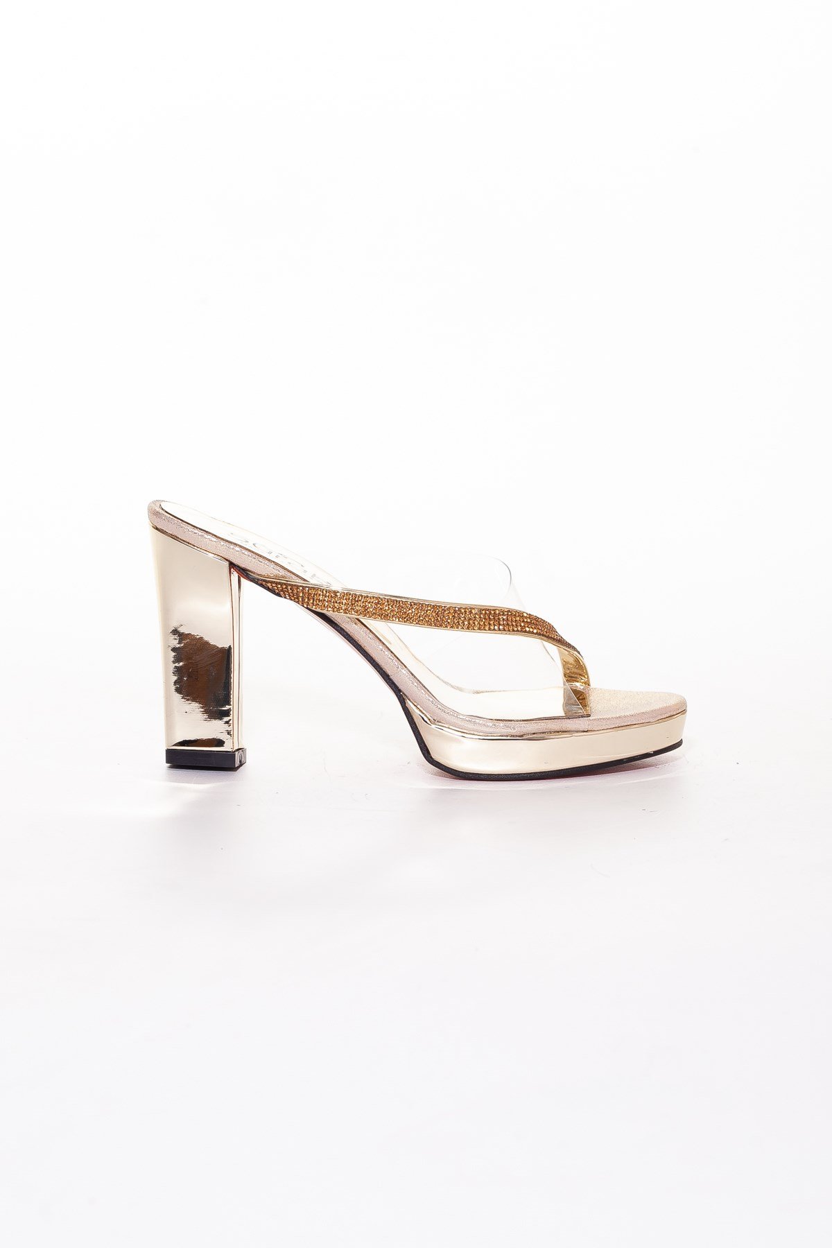 Şeffaf Gold Platformlu Kadın Topuklu Terlik | Dilimler Ayakkabı