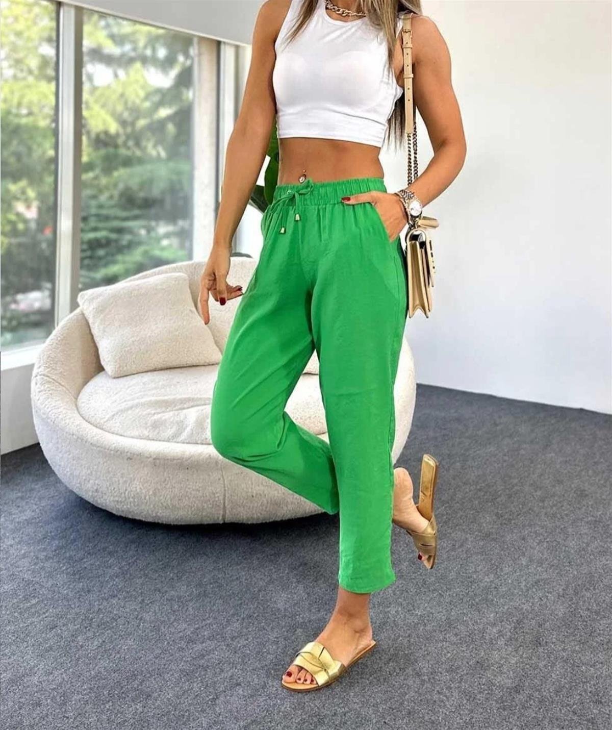 Kadın Yeşil Pantolon Tensel Kumaş Beli Lastikli