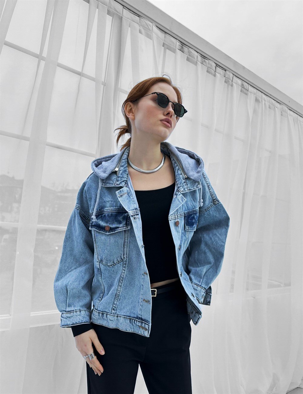 Kadın Açık Mavi Kapüşonlu Kot Ceket | Pranga Giyim