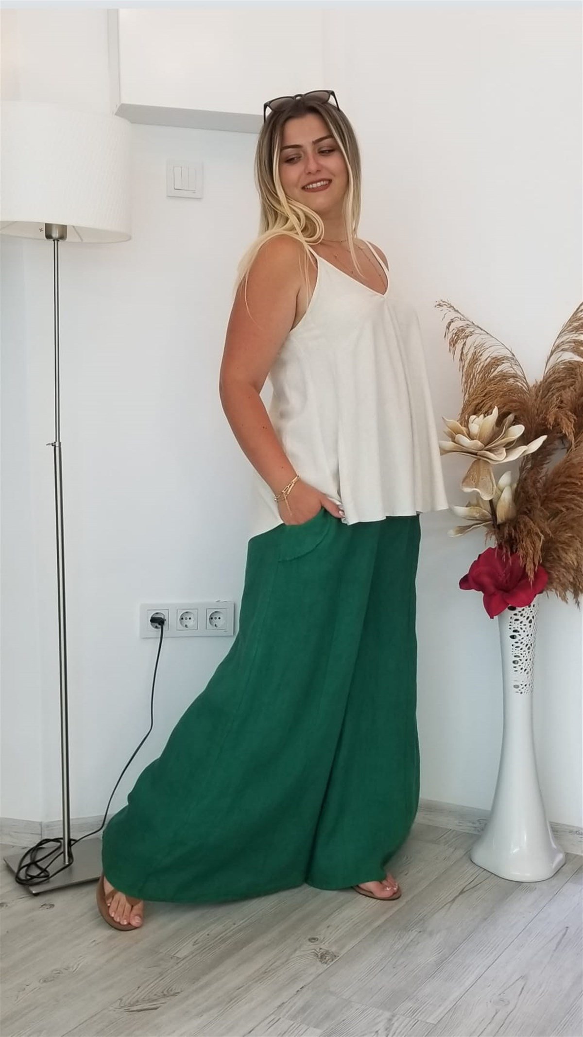 Yeşil İtalyan Yandan Cepli Keten Pantolon