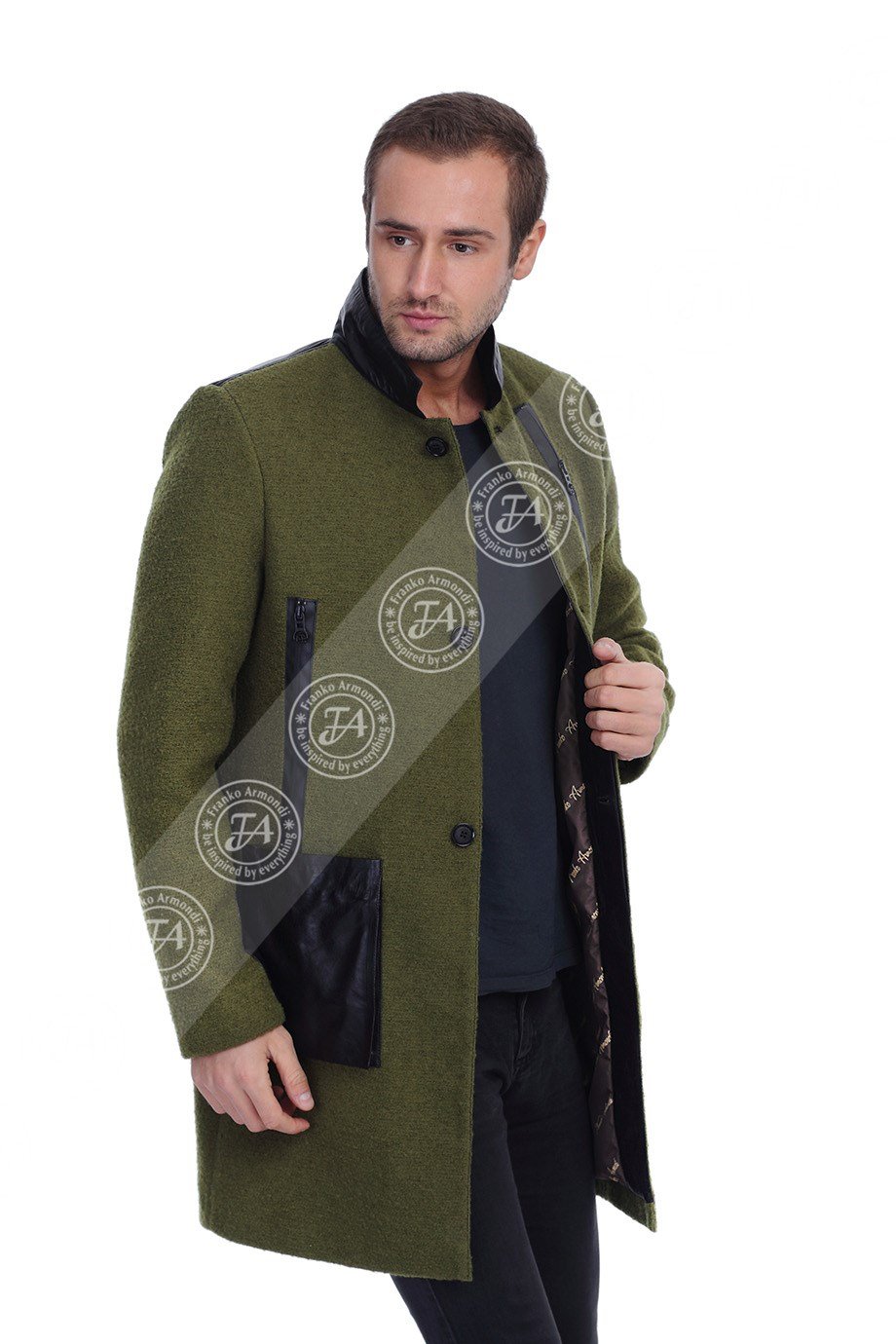 Men's Genuine Leather Classical Luxury Coat Cashmere Green U-1482-19747 FA2