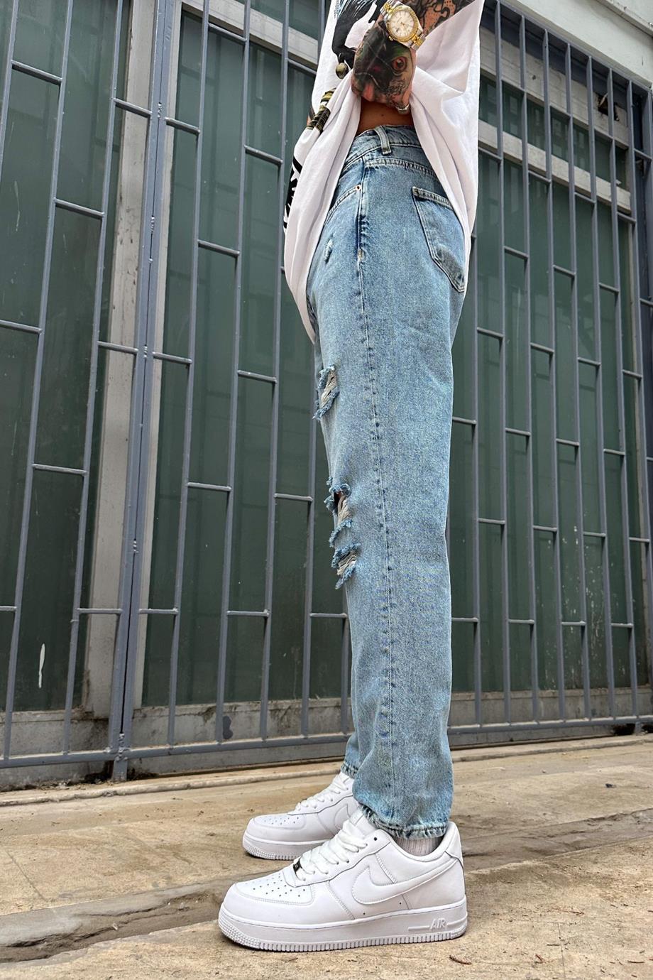 Dokulu Açık Mavi Diz Yırtık Detay K80 Grg Boyfriend Pantolon