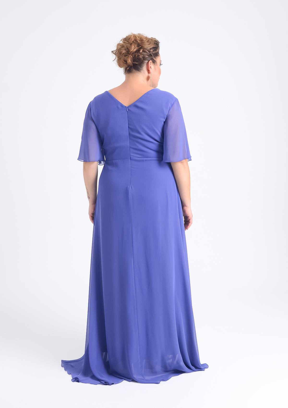 Büyük Beden Lila Renkli Uzun Şifon Elbise - LilasXXL