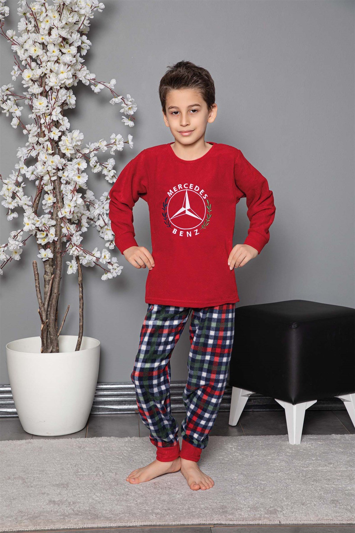 Erkek Çocuk Gez Garson Boy Araba Figürlü Pamuklu Kışlık Kalın Polar Pijama  Takımı 2677-Kırmızı