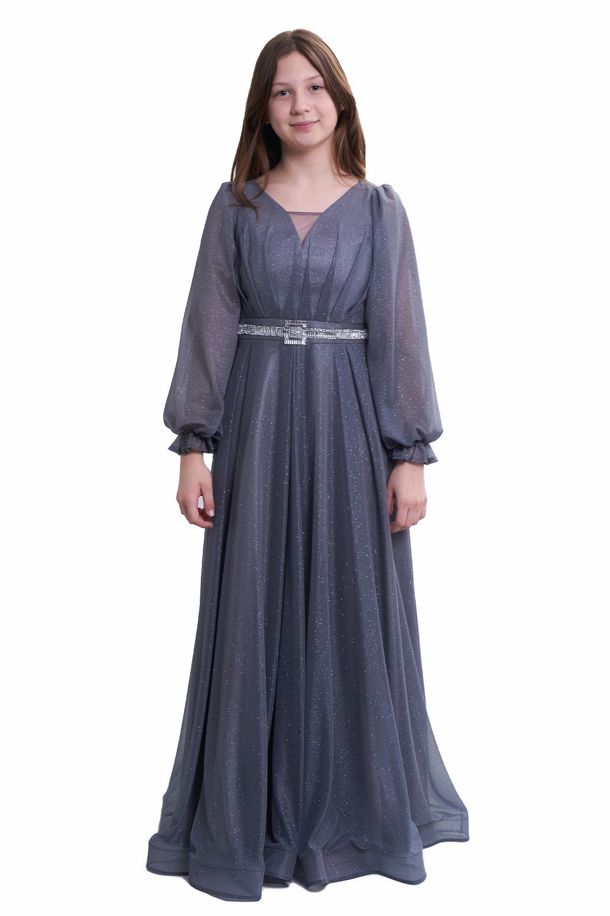 Kız Çocuk/Genç Uzun Kollu Simli Esnek Abiye Elbise Düğün Balo Mezuniyet  Özel Gün Koyu Gri 5305