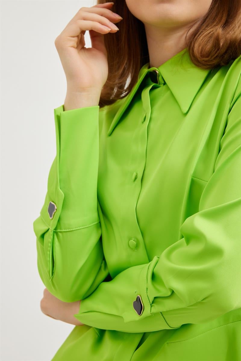 Kadın Yeşil Yırtmaçlı Kol Detaylı Saten Gömlek ST070W55241001 | Setre