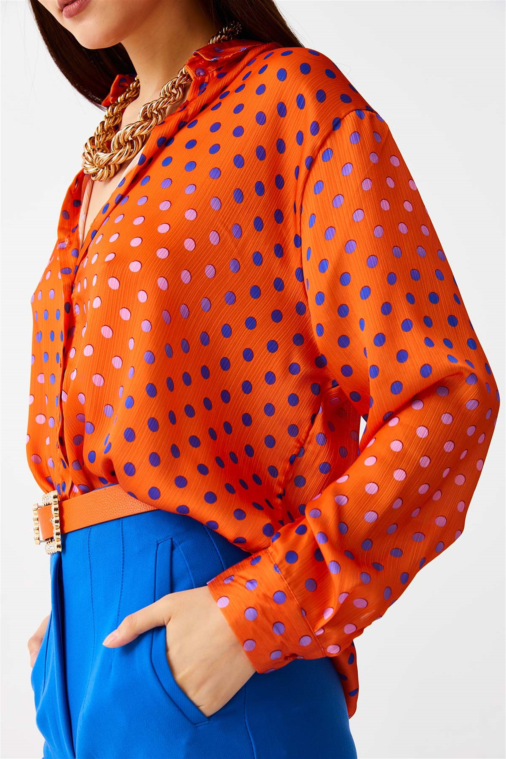 Satin Orange Woman Shirt with Oversize Satin | Tuba Butik