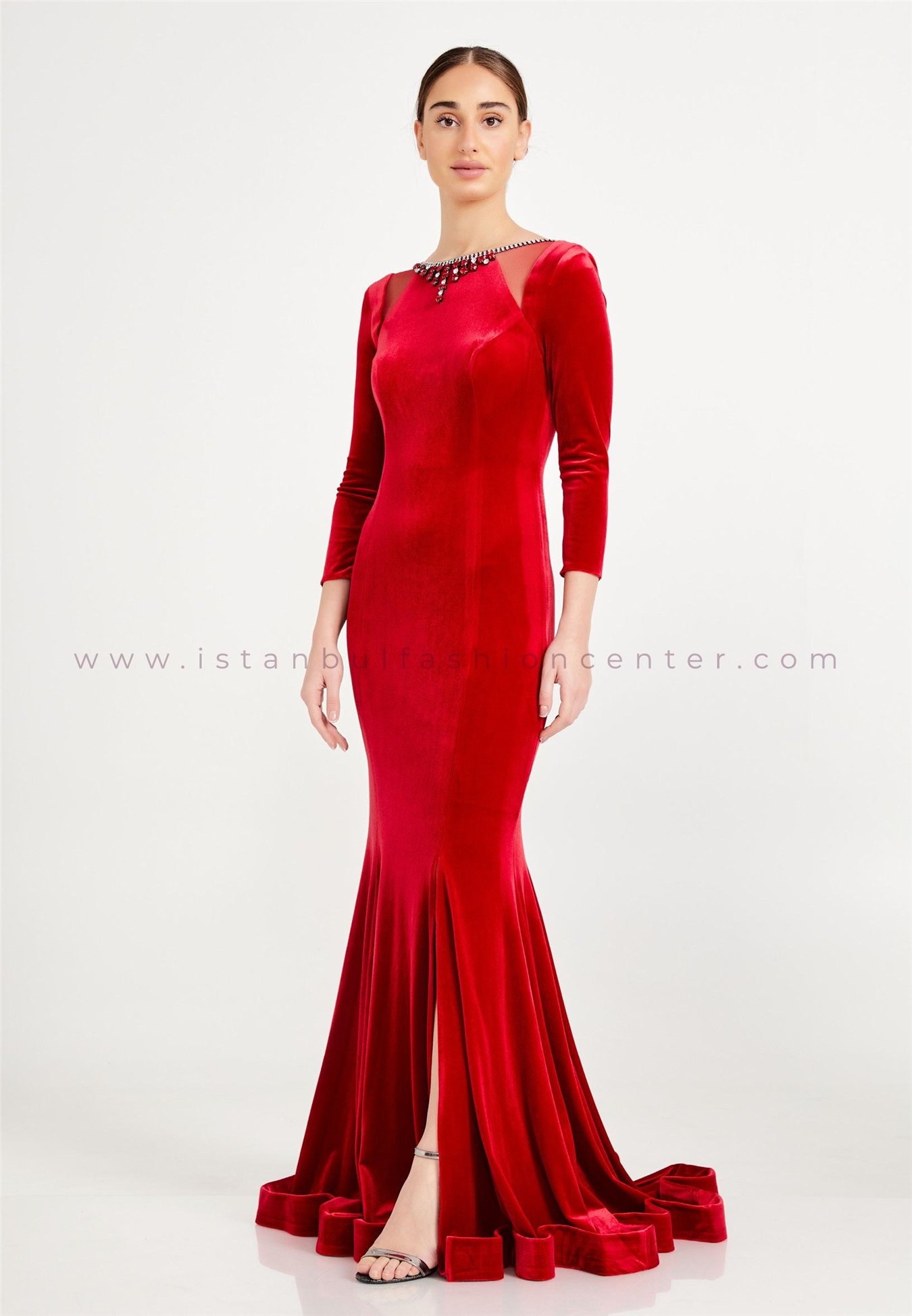 HALLMARK عادي كم طويل الطويلة جدا مخمل شكل سمكة أحمرالجملة النسائية فستان  سهرة FRC0127kir | Istanbul Fashion Center