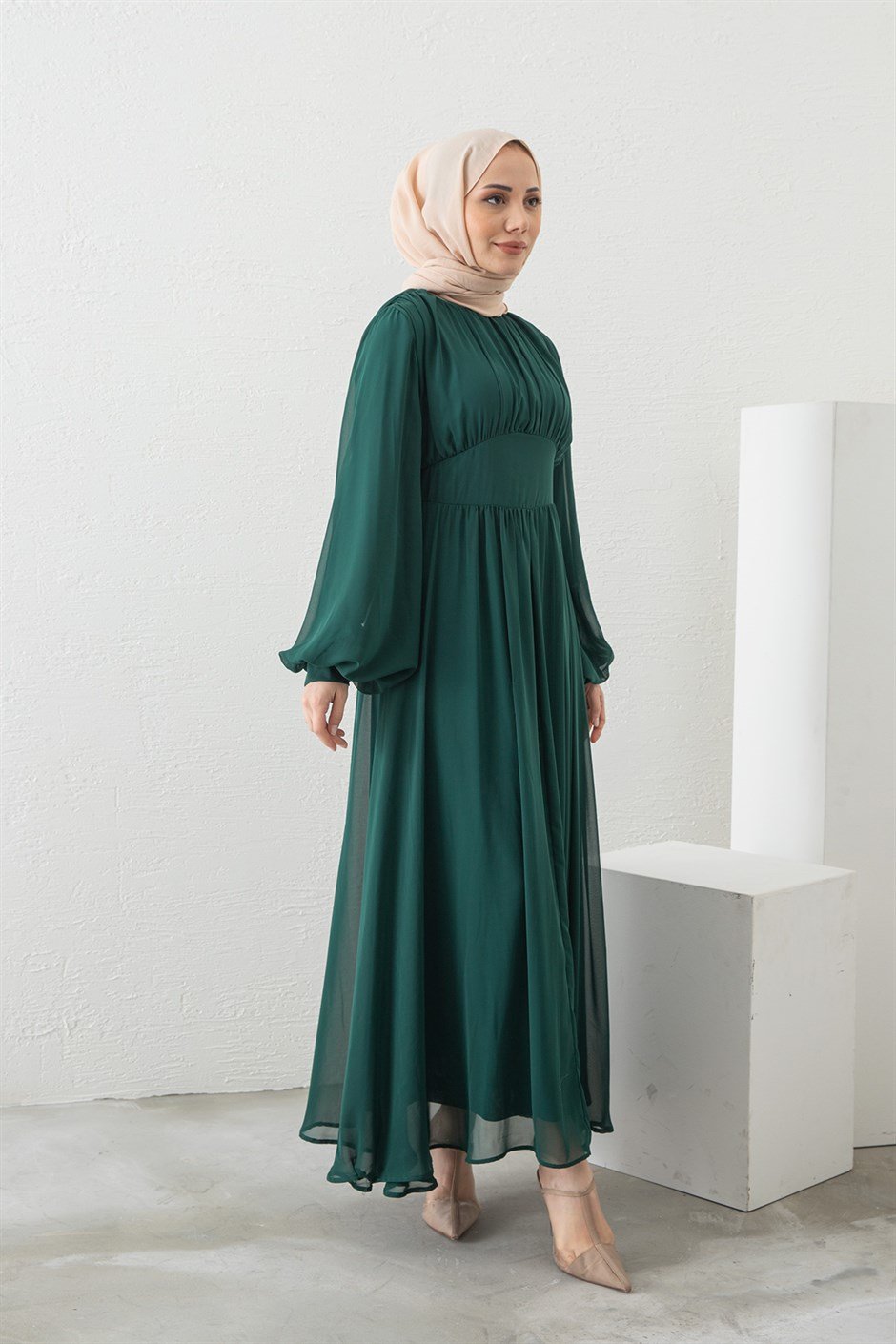 Pileli Şifon Elbise Zümrüt Yeşili - Moda Ala