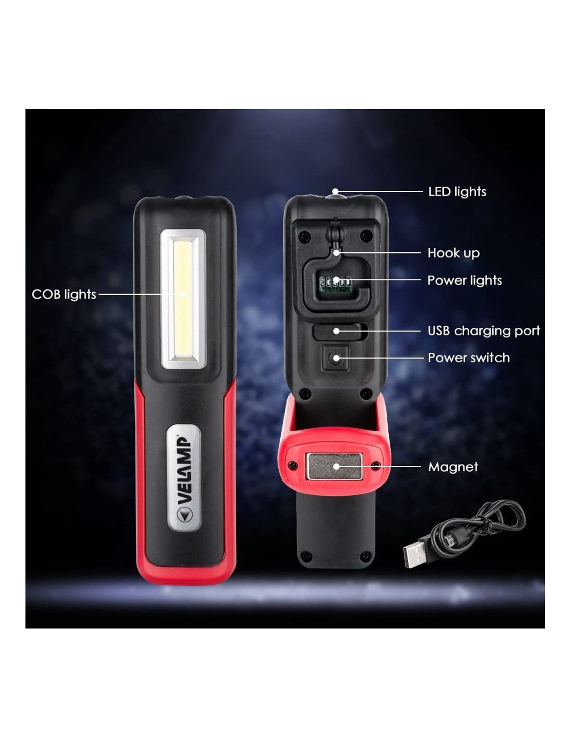 Mıknatıslı ve kancalı USB, 2'si 1 çalışma ışığı, panel ışığı ve el feneri  ile şarj