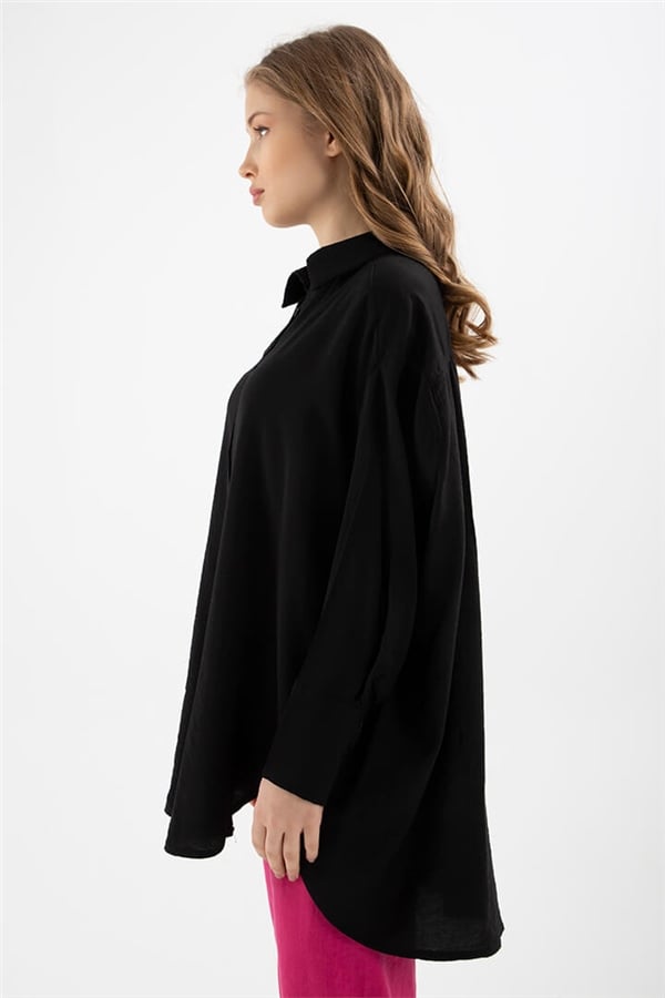 Geniş Manşetli Gömlek Siyah Kadın Gömlek | Fashion Friends