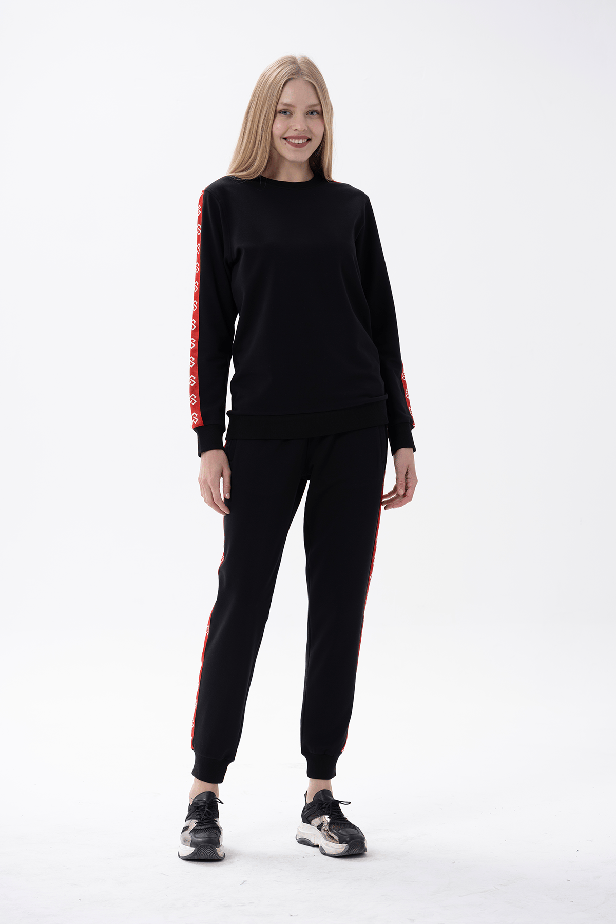 Kadın Kırmızı Şeritli Siyah Eşofman Takımı 10175 | Jiber İç Giyim