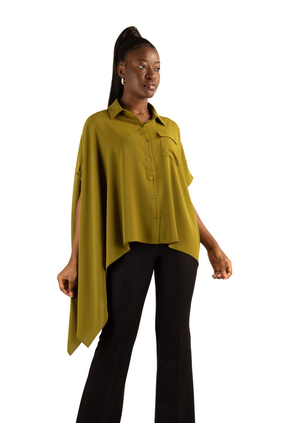 Asymmetric Cut Oversize Shirt - Olive Green - Wholesale Womens