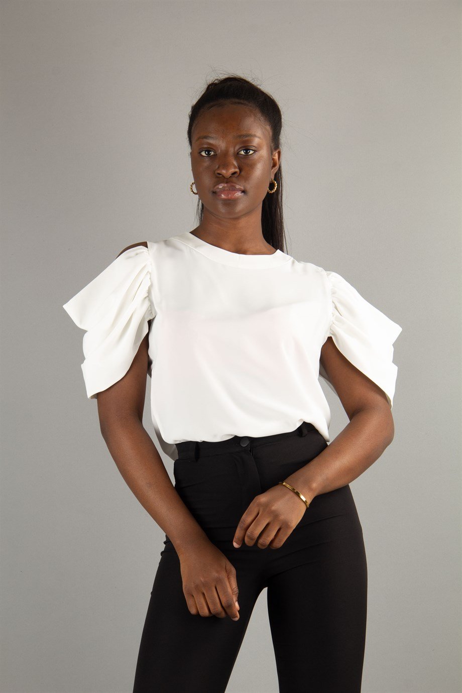 Cold Shoulder Puff Sleeve Top - White - Wholesale Womens Clothing Vendors  For Boutiques