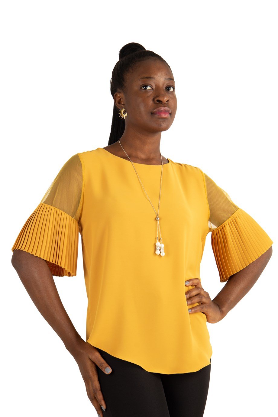 Round Neck Short Pleated Tulle Sleeve Blouse - Mustard - Wholesale Womens  Clothing Vendors For Boutiques