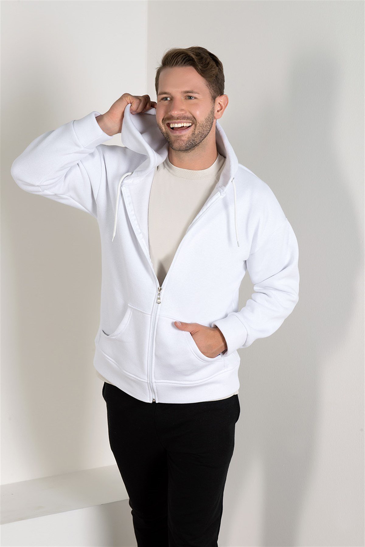 MyBen Beyaz Erkek Cepli Basic Oversize Fit Fermuarlı Kapüşonlu Kalın  Sweatshirt-Hırka ERK42
