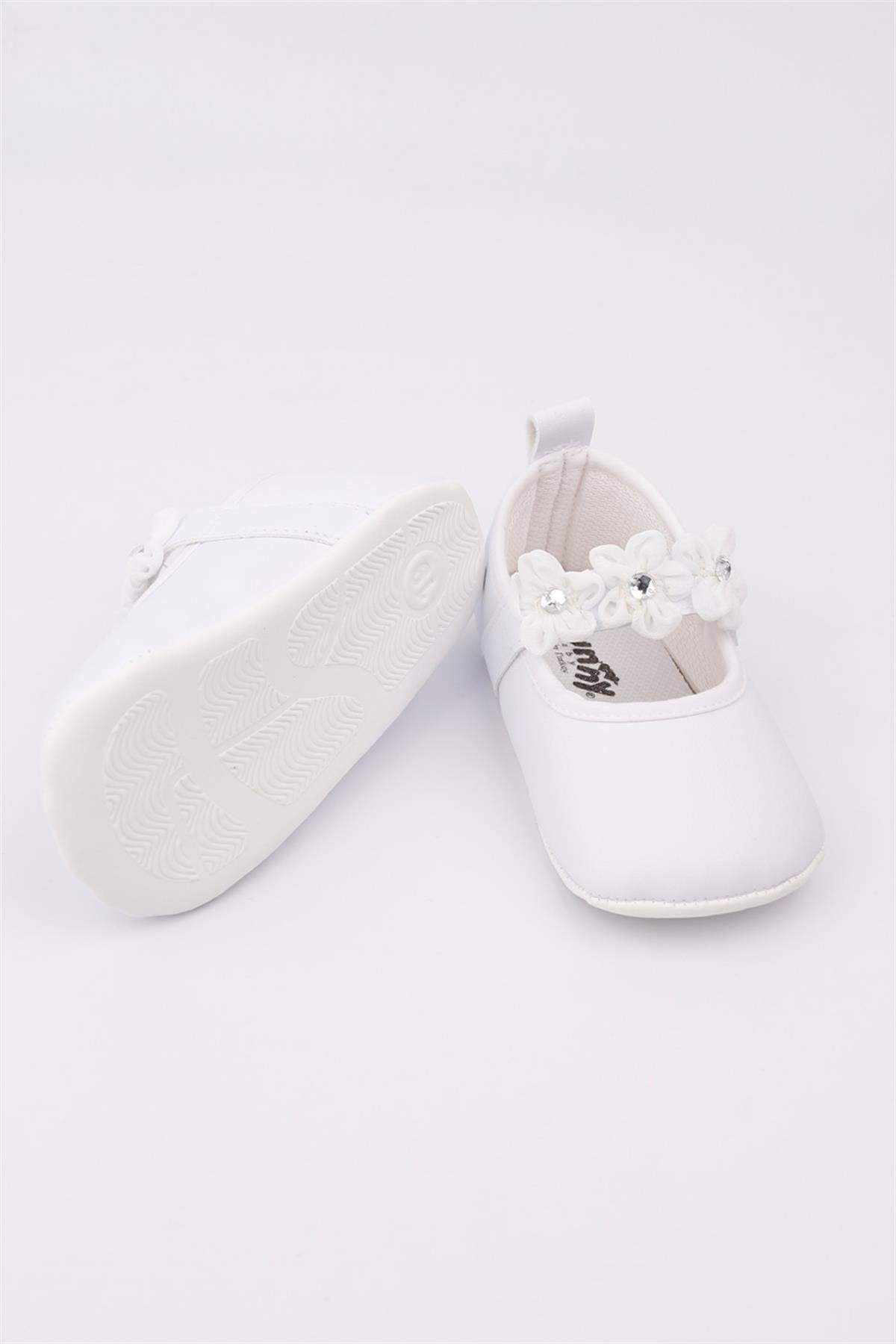 Beyaz Çiçekli Taşlı Kız Bebek Ayakkabı