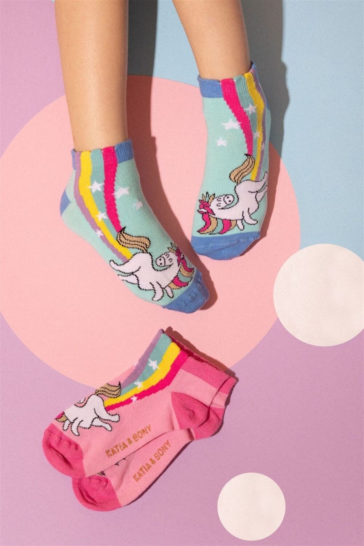 2 li Paket Funny Unicorn Kız Çocuk Patik Çorap Yeşil/Pembe