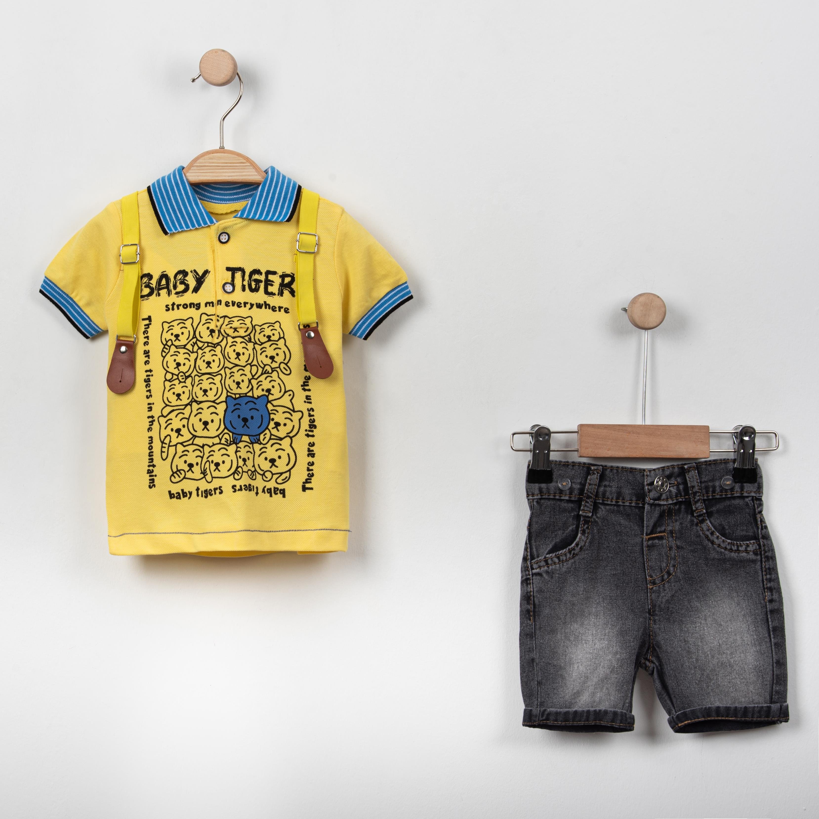 Bebek Polo Yaka Tshirtlü Askılı Şortlu İkili Takım