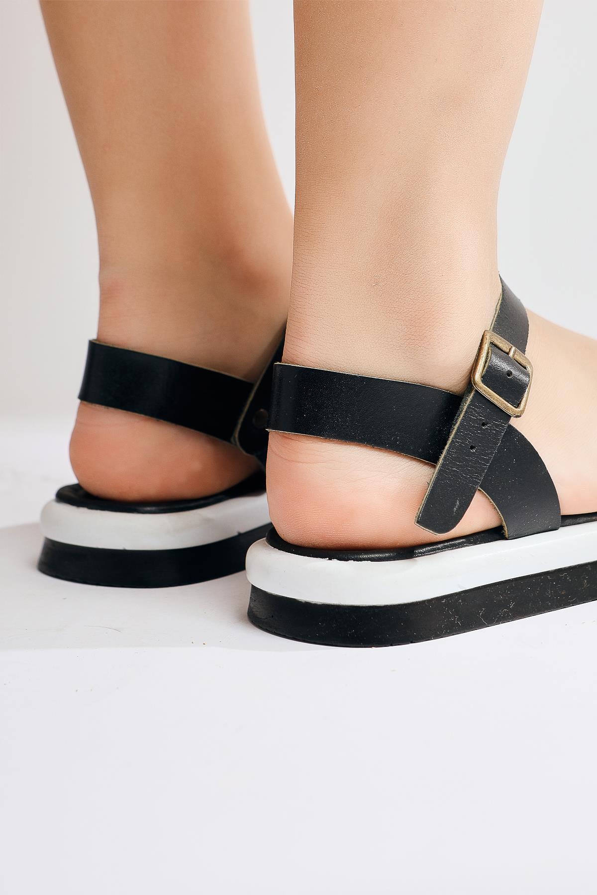 Hakiki Deri Meiya Siyah Çapraz Bantlı Sandalet
