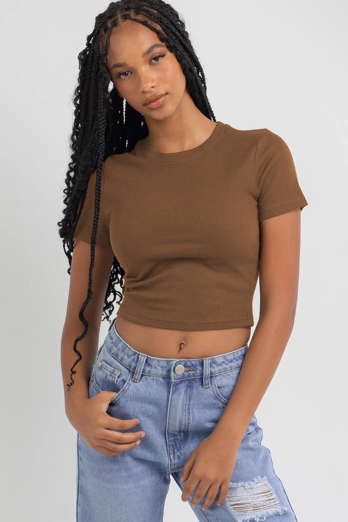 Kahverengi Basic Crop Kadın Tişört - Madmext