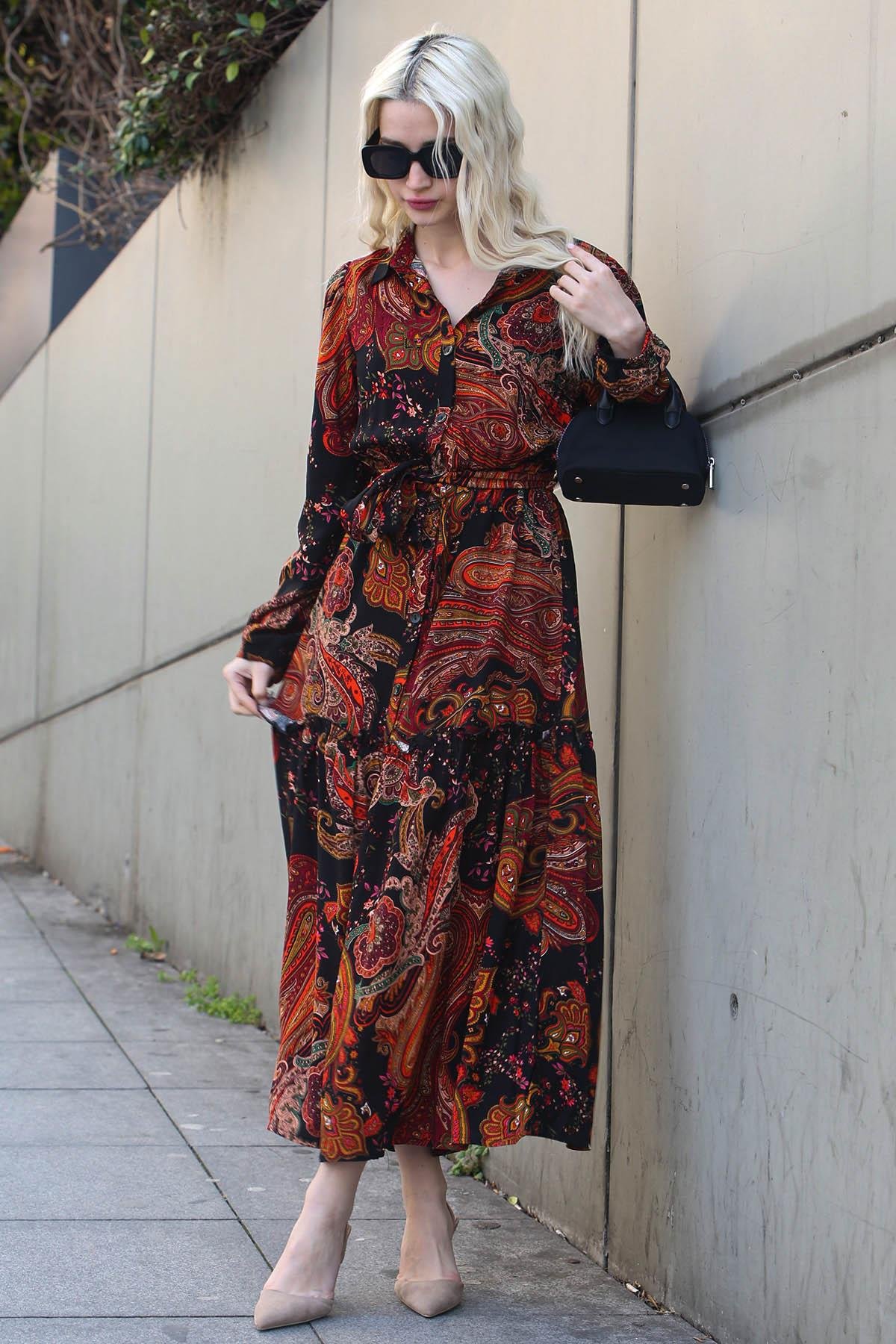 Mor Şal Desenli Uzun Kadın Elbise - Madmext