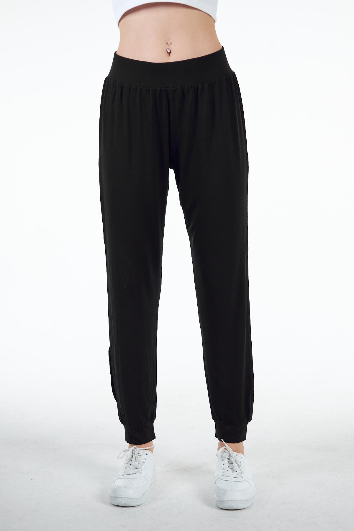 Siyah Kadın Yırtmaç Detaylı Beli Lastikli Şalvar Görünümlü Pantolon Joggers  - Bella