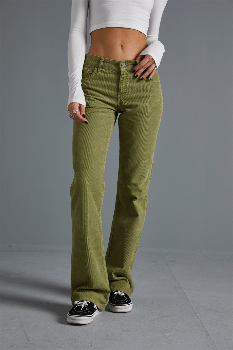 Yeşil Kadife Straight Fit Pantolon | Oilean
