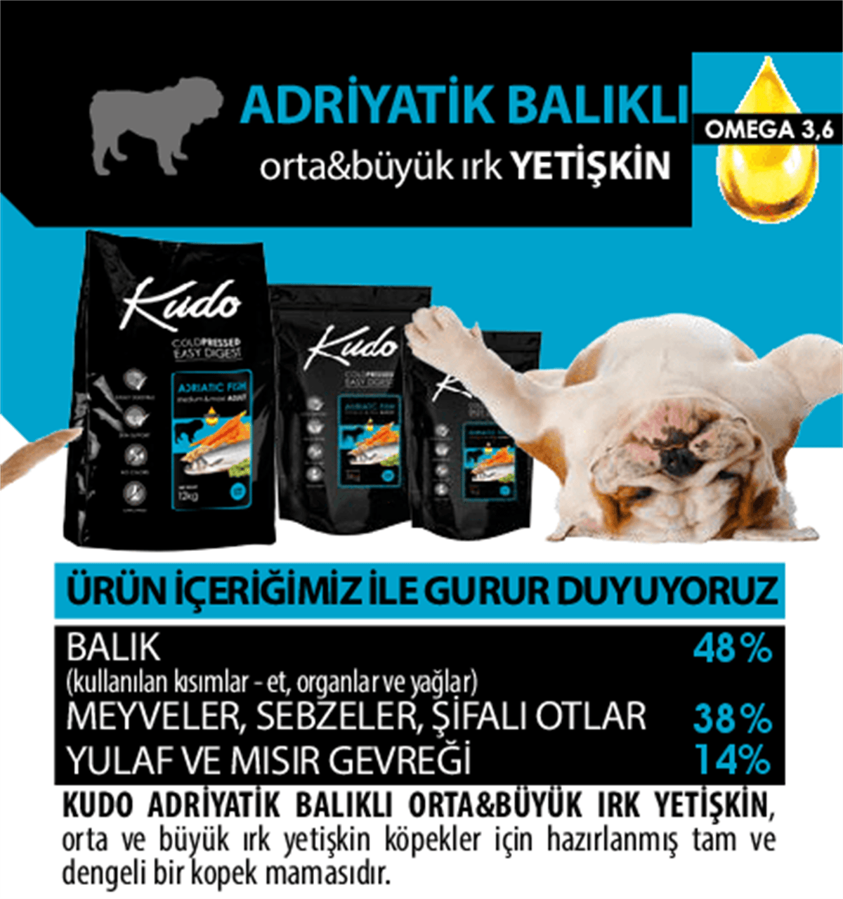 KUDO Adriyatik Balıklı Tahılsız Her Irk Yetişkin Köpek Maması 7.5 Kg
