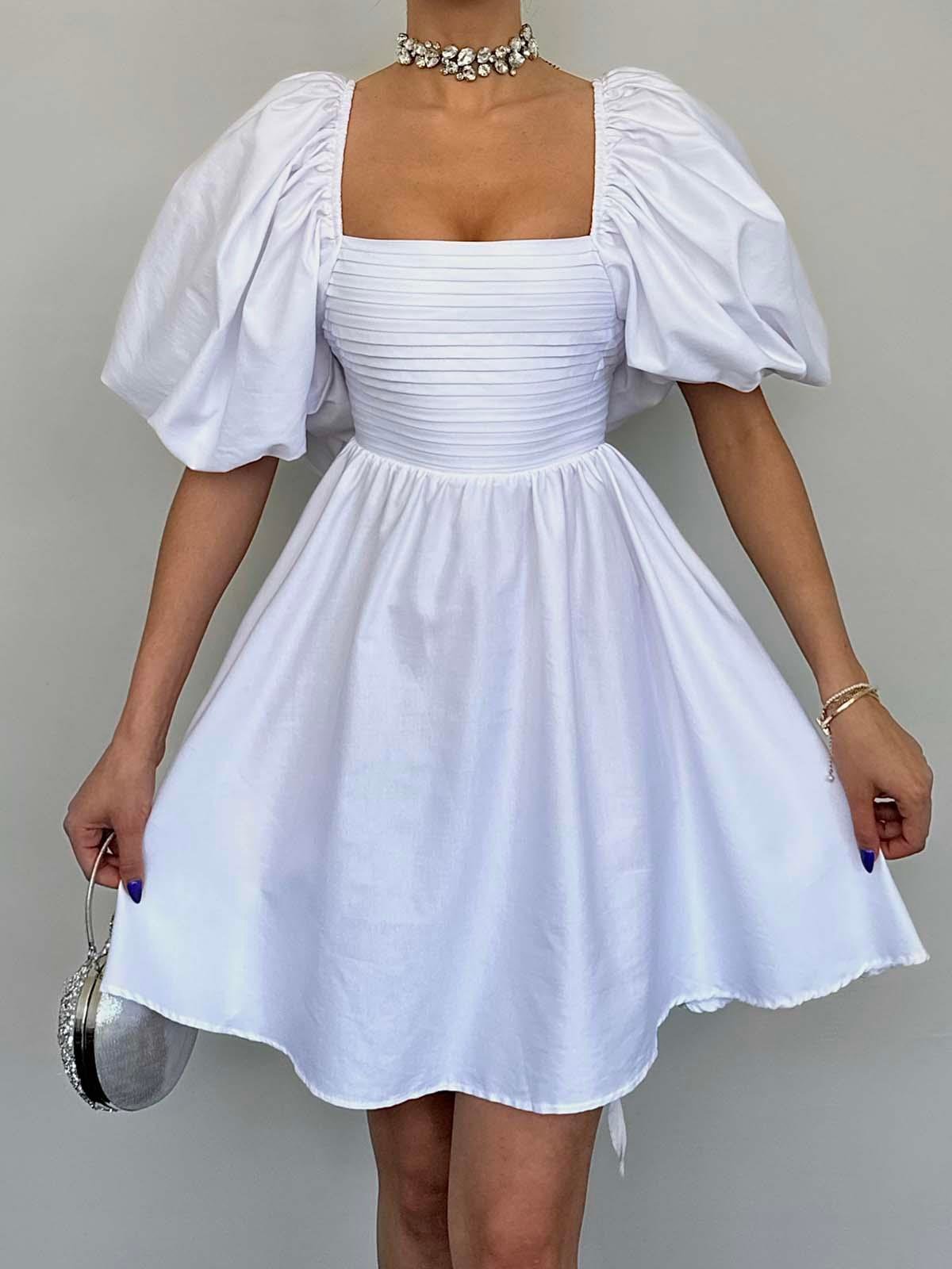 Gloria Balon Kol Beyaz Mini Elbise | oykuwear.com.tr
