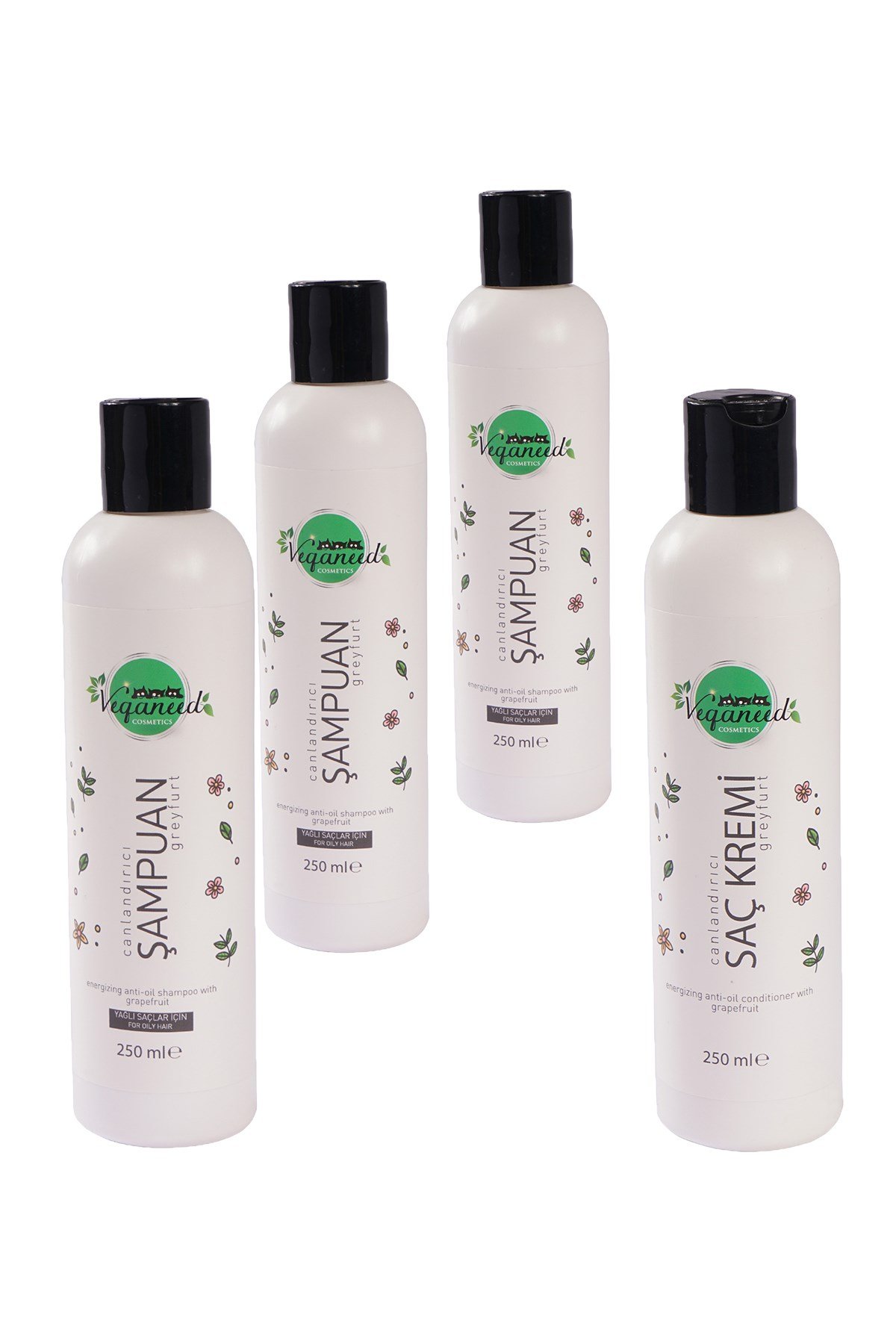 Veganeed Canlandırıcı Vegan Şampuan (3 Adet) ve Saç Kremi (Greyfurt) &  Yağlı Saçlar için | 3 X 250 Ml +250 Ml