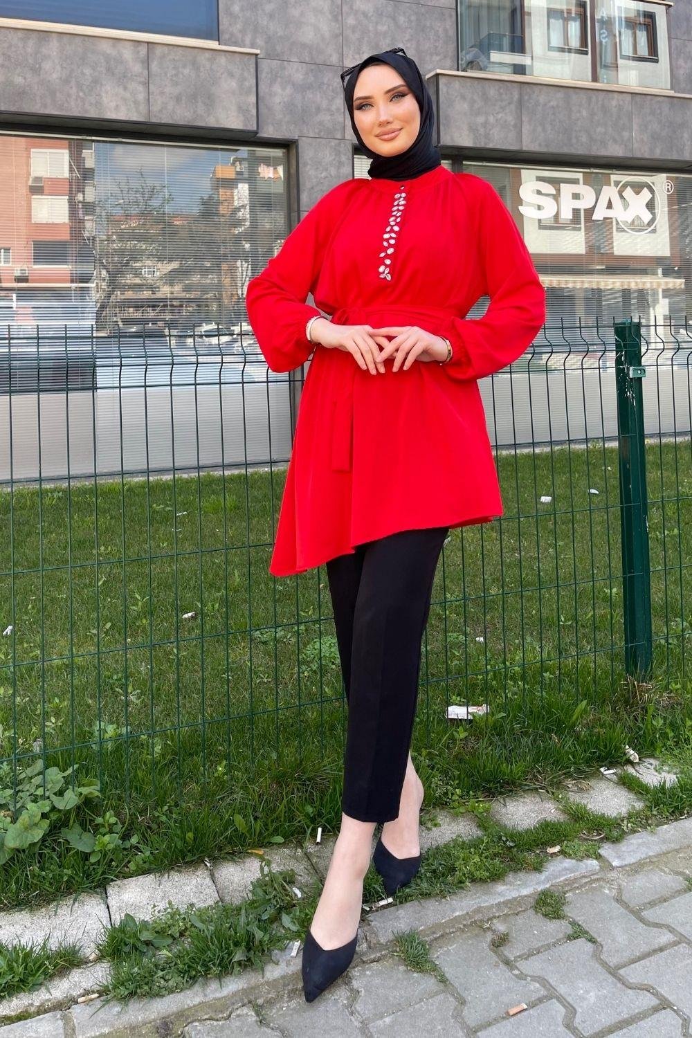 Önü Taşlı Asimetrik Tunik Kırmızı – Şule Giyim | Tesettür Giyim