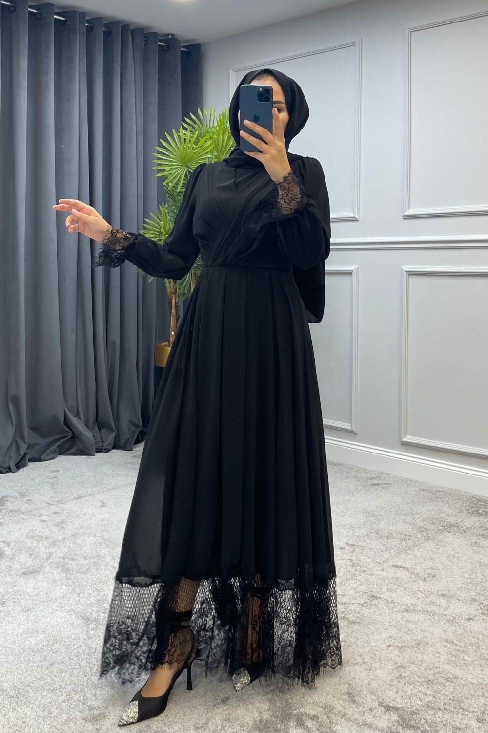 Etegi ve Kolu Dantel Abiye Siyah – Şule Giyim | Tesettür Giyim