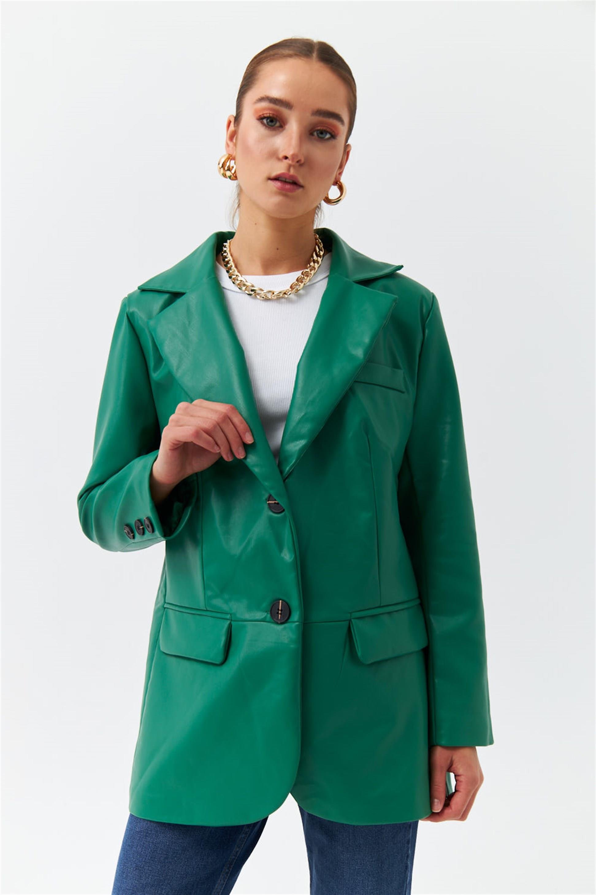 Suni Deri Blazer Yeşil Kadın Ceket