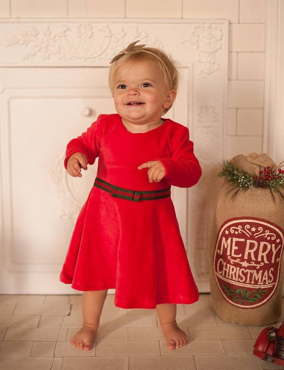 Organik Pamuk Kadife Kırmızı Bebek Elbise