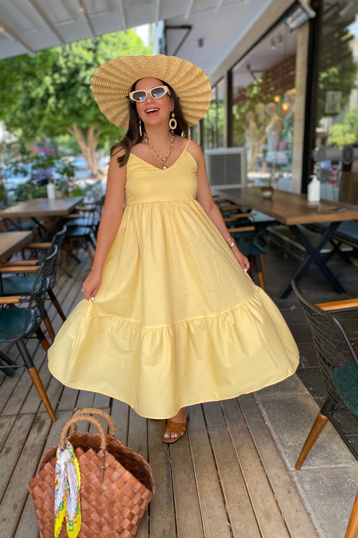 Sarı İp Askılı Poplin Elbise - KAYA SISTERS