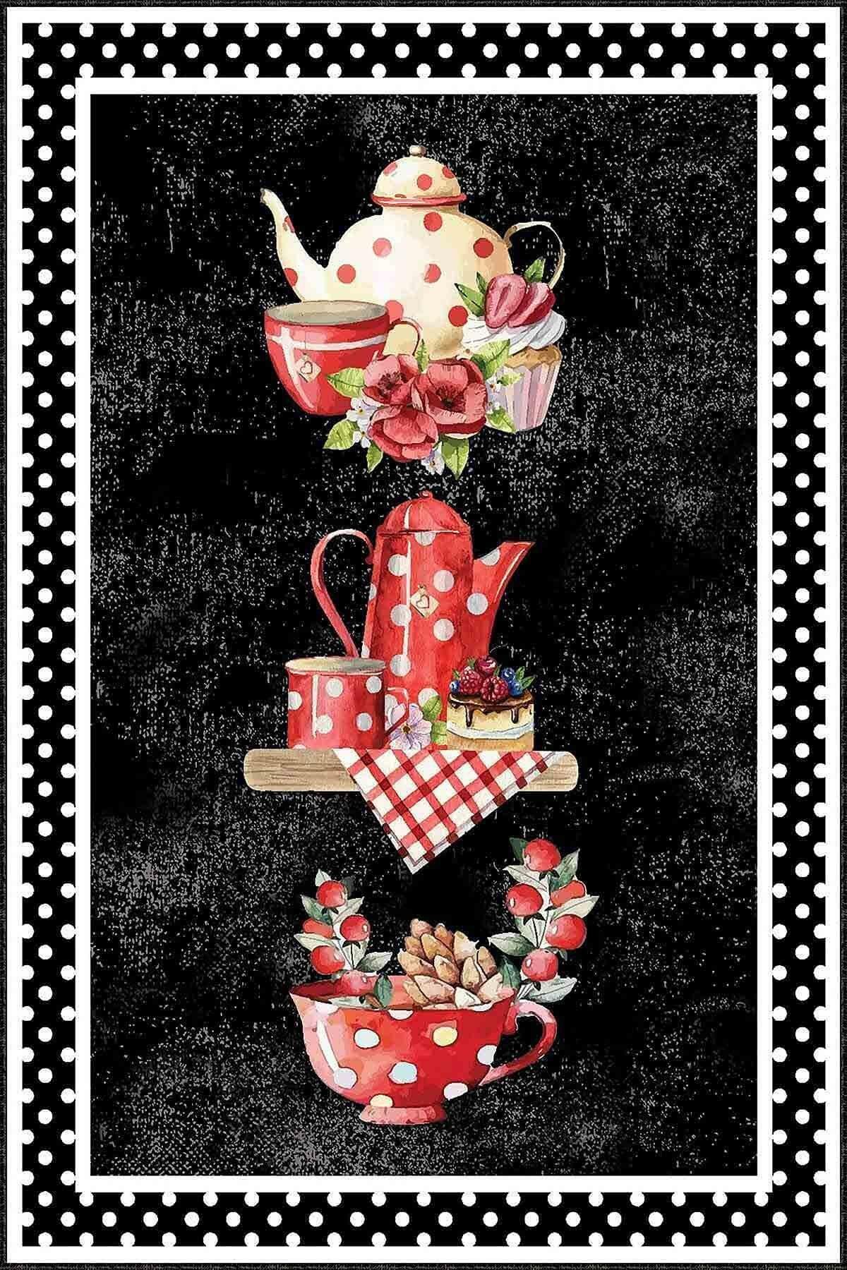 Dekoratif Kaymaz Taban Çaydanlık Desenli Özel Tasarım, İnce, Yıkanabilir Mutfak  Halısı WOOKECE260 - Kırmızı