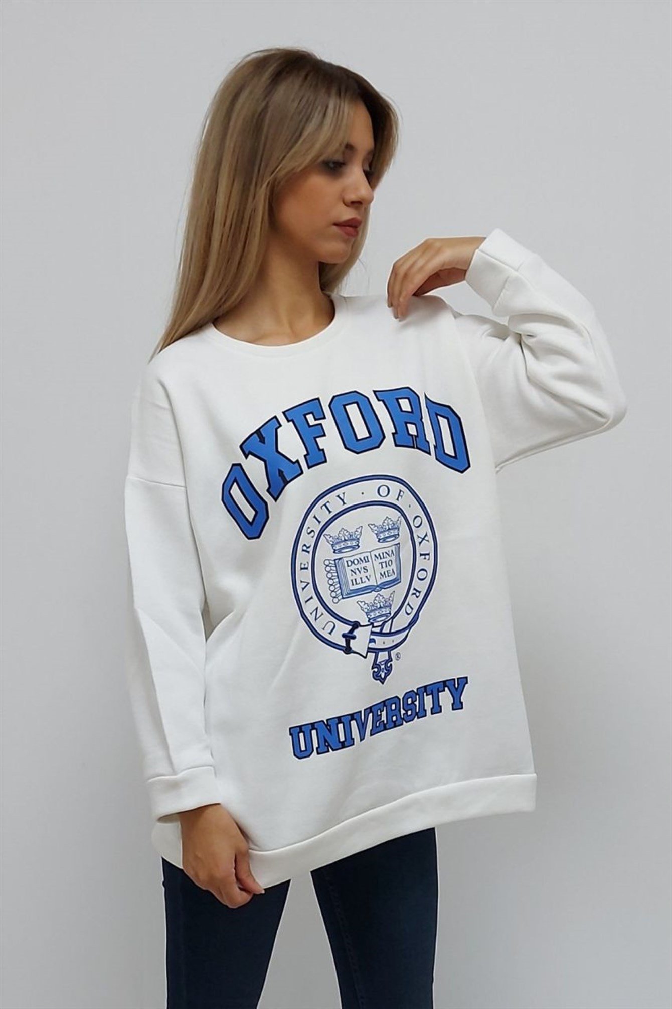 Oxford Baskılı İçi Tüylü Sweatshirt Beyaz