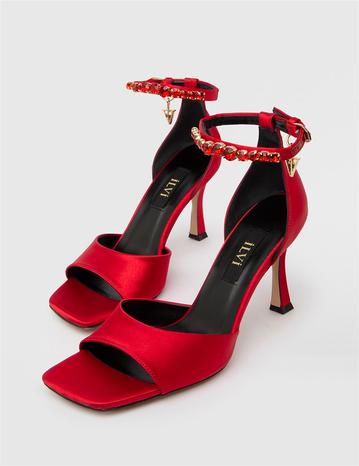 Rian Saten Hakiki Deri Kadın Kırmızı Topuklu Sandalet - iLVi