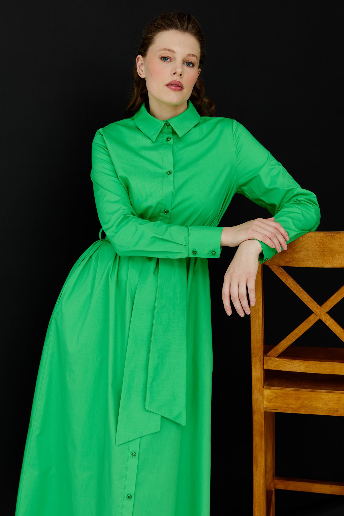 Nihan Kalın Kuşaklı Poplin Gömlek Elbise Benetton Yeşili