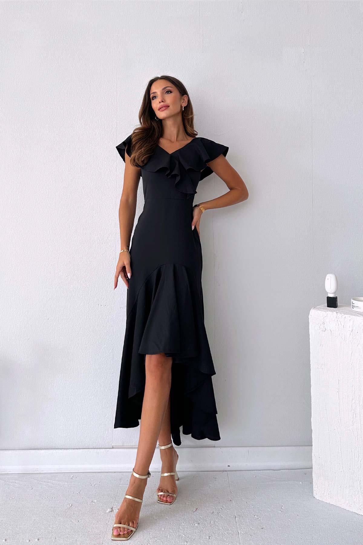 Siyah Fırfır Yaka Düz Uzun Kadın Elbise | Trend&Şık Tasarımlar |  minetanbutik.com.tr