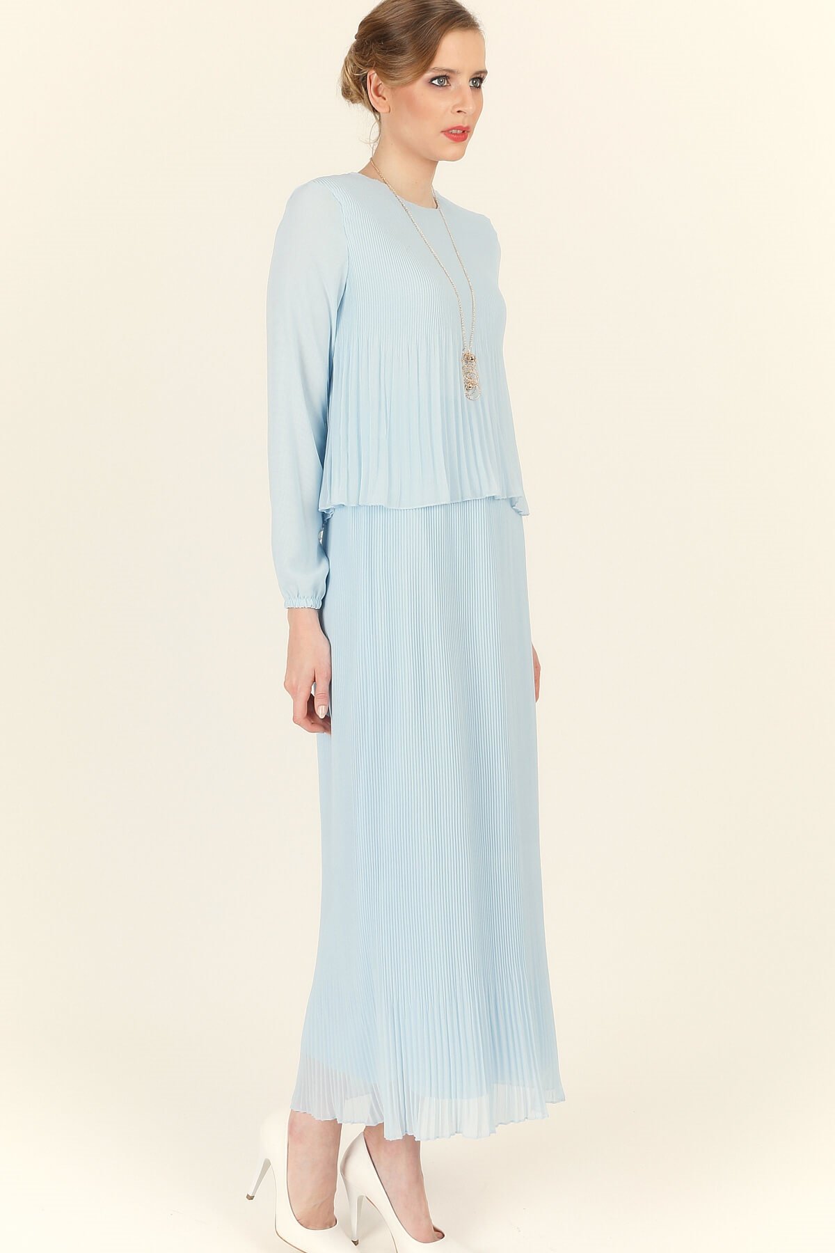 Piliseli Şifon Elbise - Mavi - Tesettür Elbise