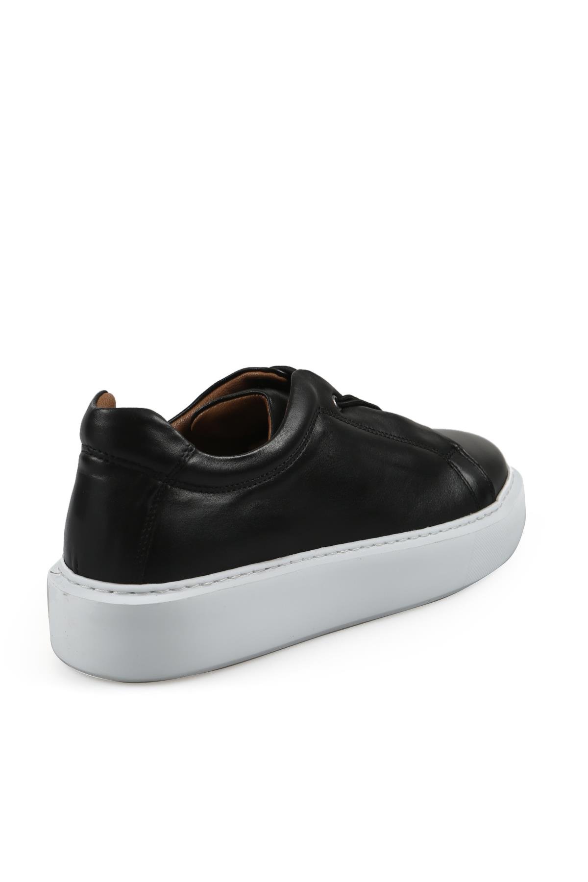 Siyah %100 Deri Dikişli Taban Lastikli Sneaker Ayakkabı