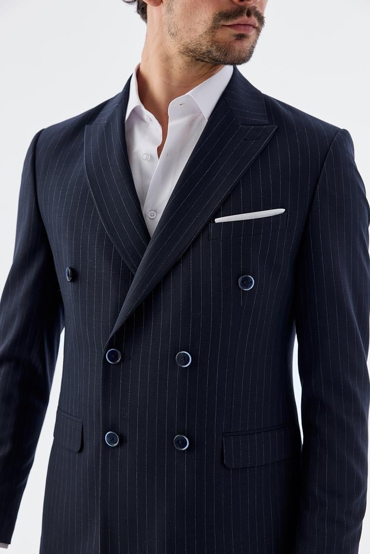 Lacivert Slim Fit Çizgili Kruvaze Takım Elbise