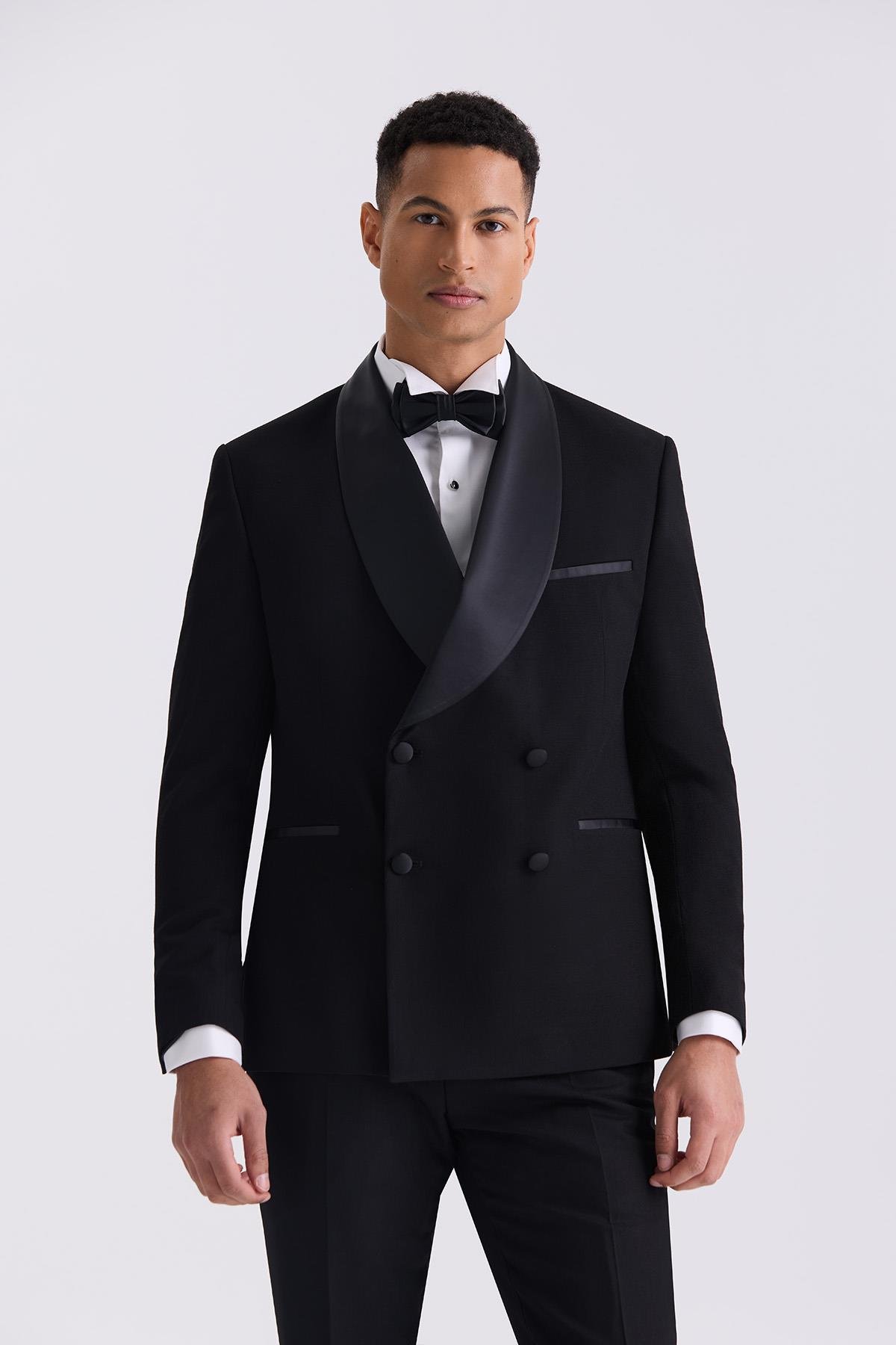Siyah Slim Fit Sabit Şal Yaka Kruvaze Smokin Takım Elbise