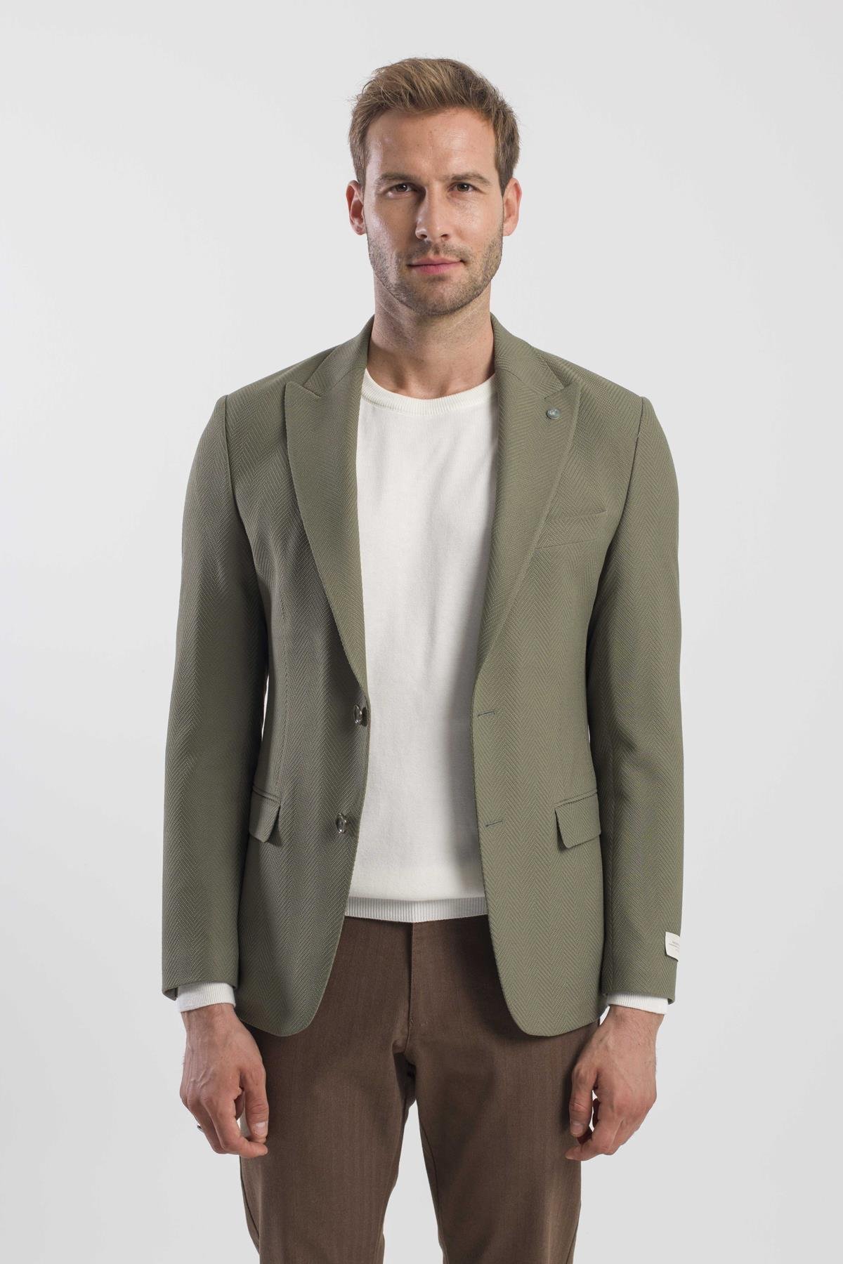 Haki Slim Fit Desenli Sivri Yaka Ceket  
