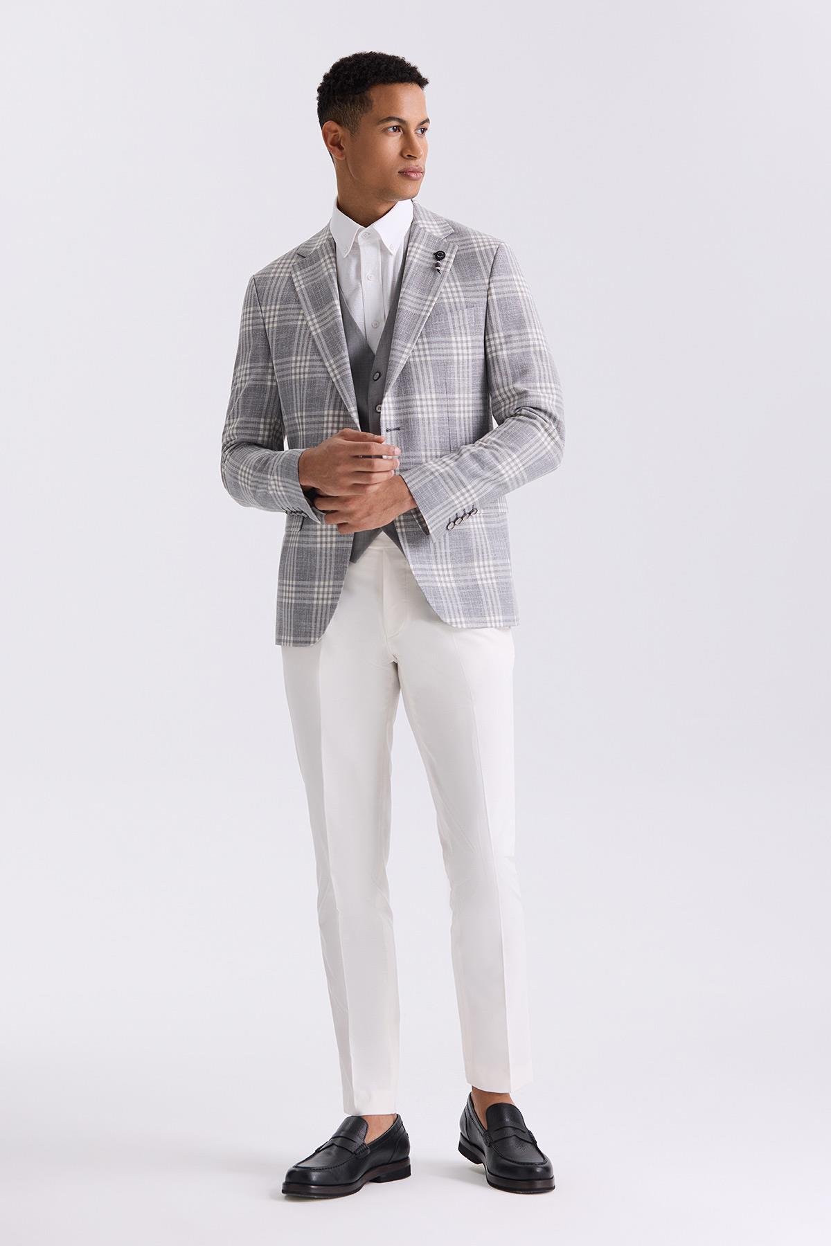 Gri Slim Fit  Mono Yaka Kareli Kombinli Yelekli Takım Elbise