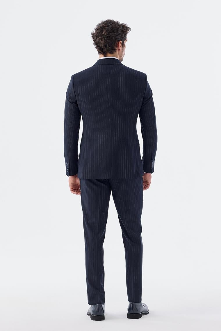 Lacivert Slim Fit Çizgili Kruvaze Takım Elbise