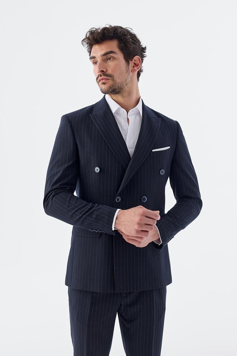 Lacivert Slim Fit Çizgili Kruvaze Takım Elbise