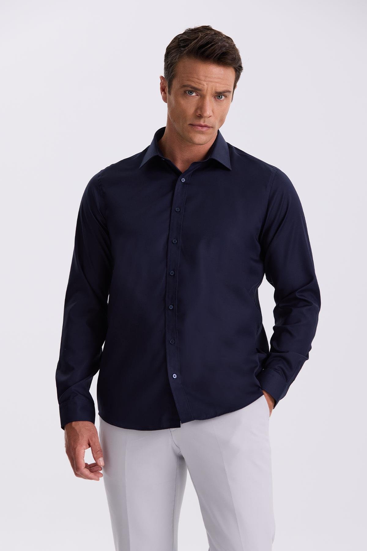 Lacivert Comfort Fit Ütü Gerektirmeyen %100 Pamuk Non İron Gömlek